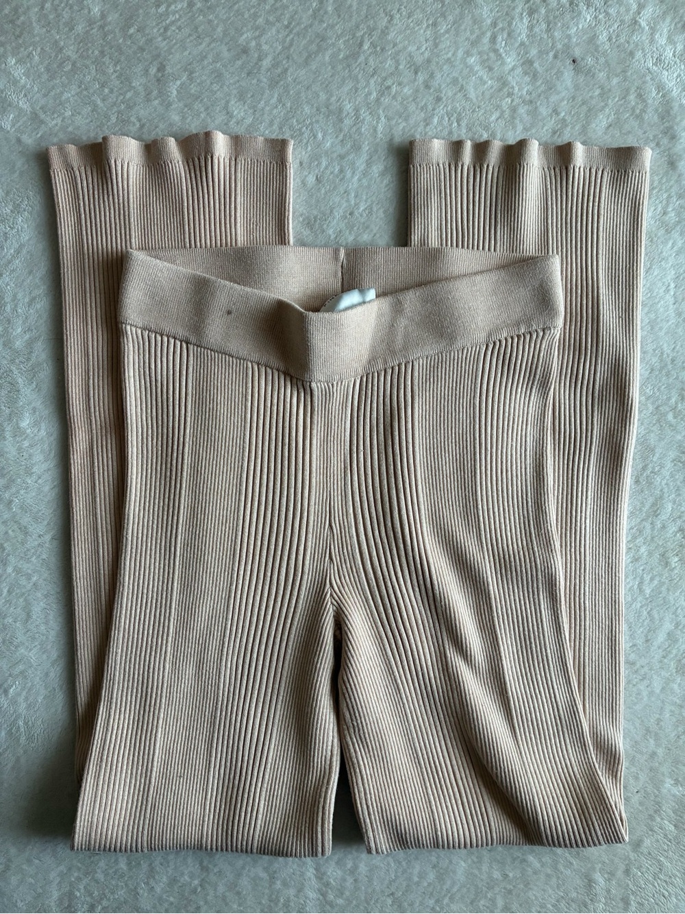 Pink Rose Ribbed Wide-Leg Knit Pants in Taupe